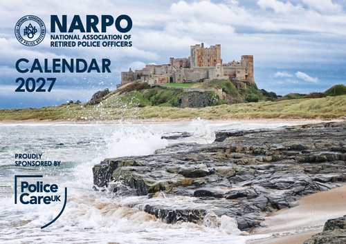 NARPO 2027 Calendar cover featuring a coastal scene with waves crashing on dark rocks, a sandy beach, and a castle on a grassy hill under a cloudy blue sky. The NARPO logo and Police Care UK sponsor logo are displayed on the left side.